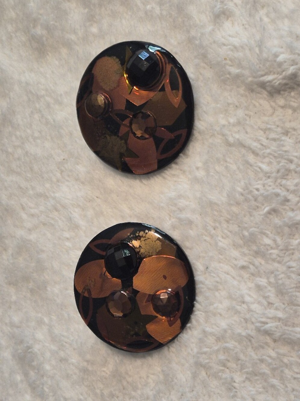 Vintage 80s Retro Chunky Black Orange Gold Resin Clip On Earrings
